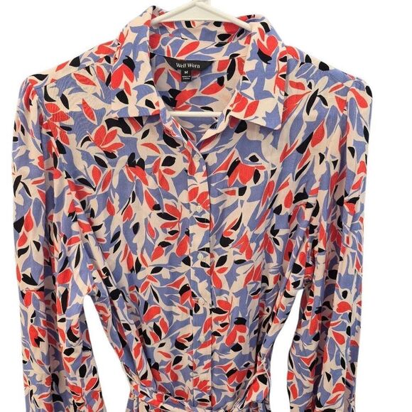 Well Worn Women's White, Blue, Red & Black Viscose Button Down Long Sleeve Dress - Picture 7 of 16